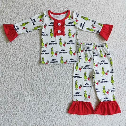 GLP0133 Merry Christmas Red Green Cartoon Girls Long Sleeve Pajamas