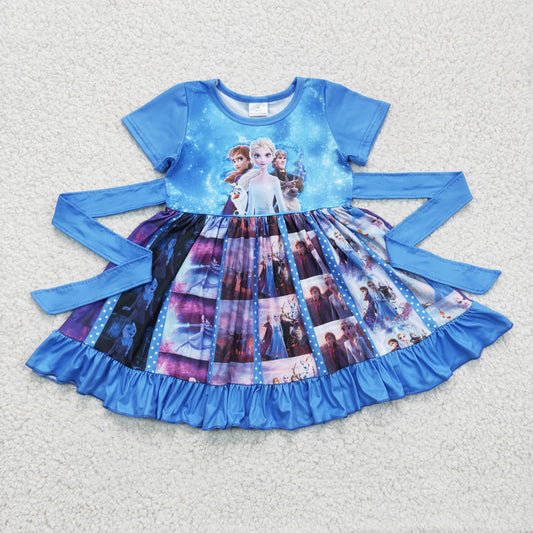 A18-9 Blue Princess Cartoon Belt Patchwork Girls Shorts Sleeve Dresses
