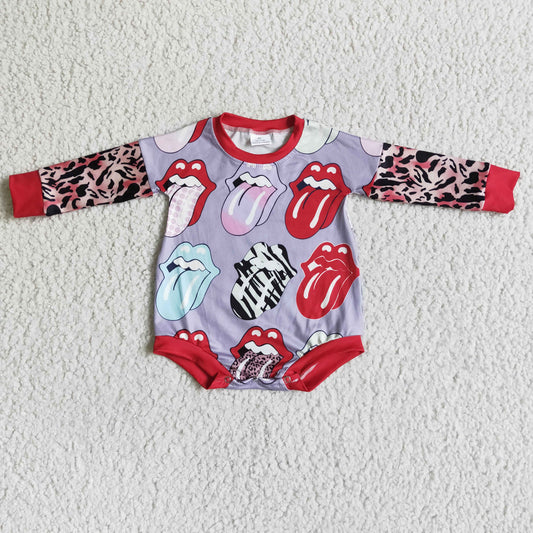 LR0024 Red Mouth Lip Cartoon Leopard Girls Long Sleeve Romper