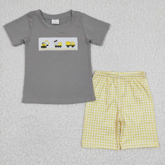 BSSO0124 Yellow Plaid Grey Truck Embroidery Boys Short Sleeve Shorts Outfits