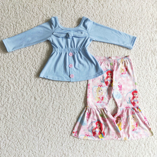 GLP0144 Blue Pink Princess Cartoon Bow Tunic Girls Long Sleeve Bell Bottom Pants Outfits
