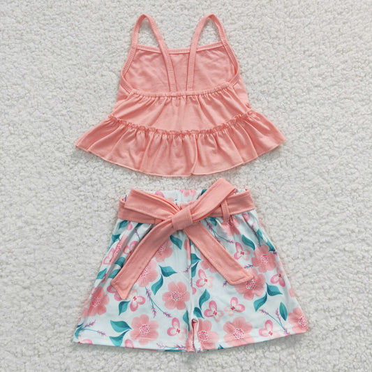 GSSO0196 Pink Floral Bow Girls Sleeveless Shorts Outfits