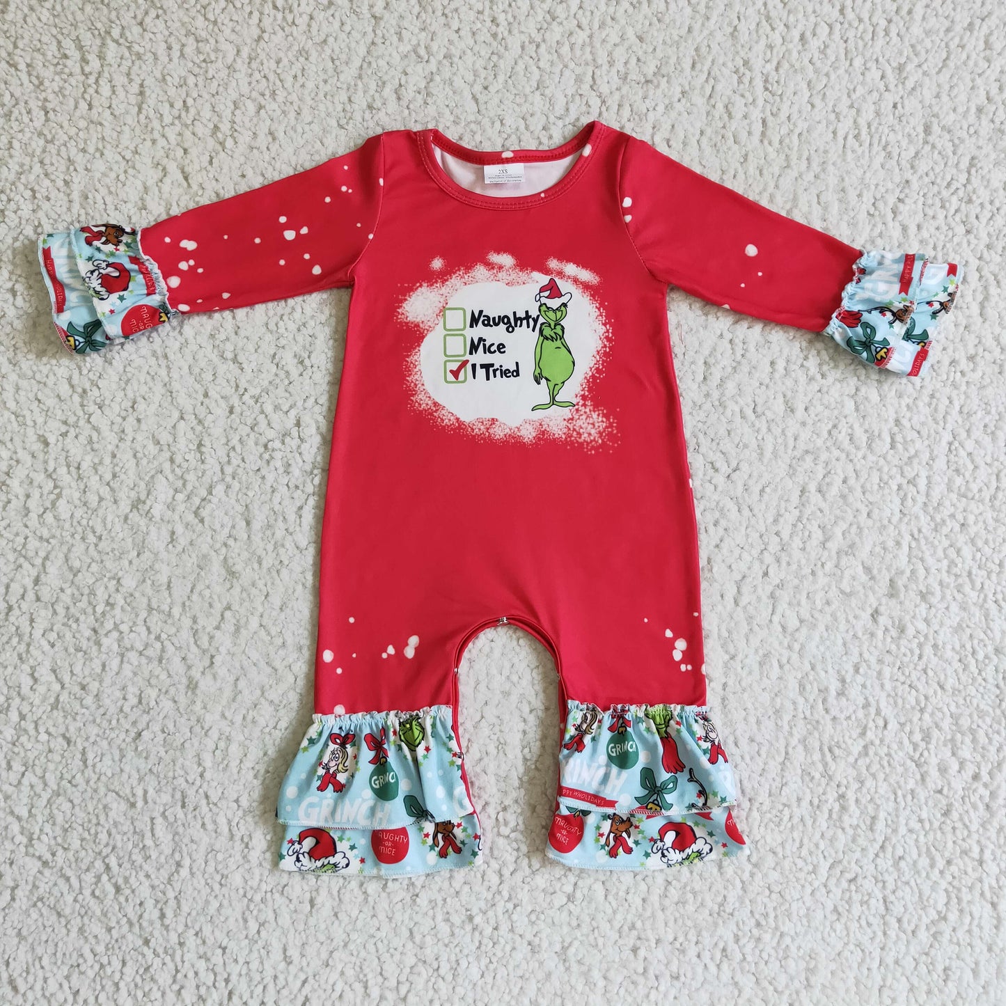 LR0193 Christmas Blue Red Green Cartoon Santa Naughty Nice Tried Girls Long Sleeve Romper