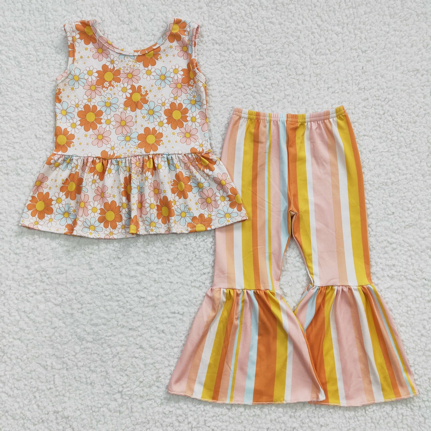 GSPO0508 Orange Floral Yellow With Bow Headband 3pcs Girls Short Sleeve Bell Bottom Pants Outfits