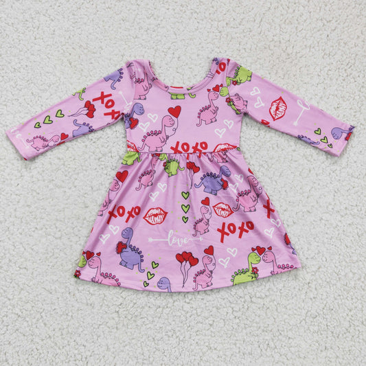 promotion GLD0169 Valentine Dinosaur Pink Love Girls Long Sleeve Dresses