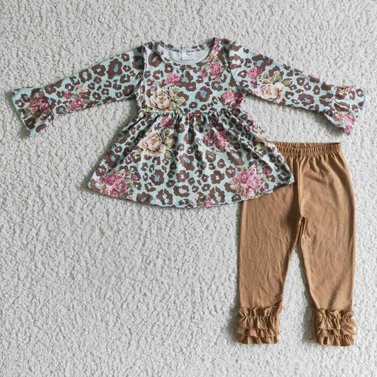 Promotion RTS 6 A6-28 Floral Pink Leopard Brown Tunic Girls Long Sleeve Pants Outfits