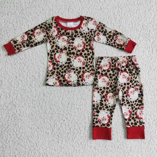 Promotion RTS BLP0080 Christmas Red Santa Leopard Boys Long Sleeve Pants Outfits Pajamas