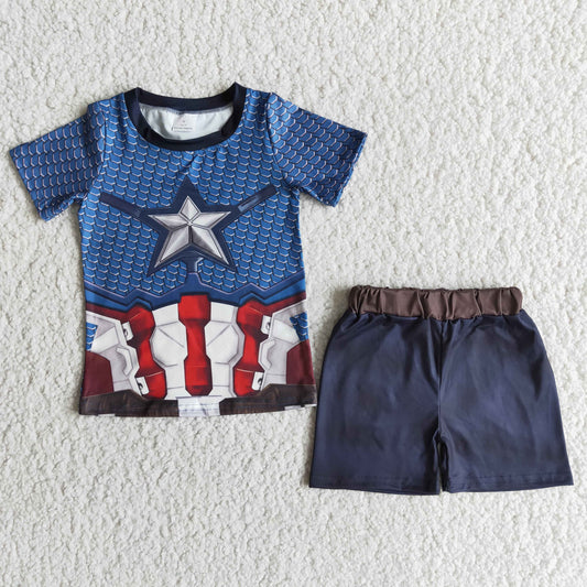 E12-12 Blue Starts Hero Cartoon Boys Short Sleeve Shorts Outfits