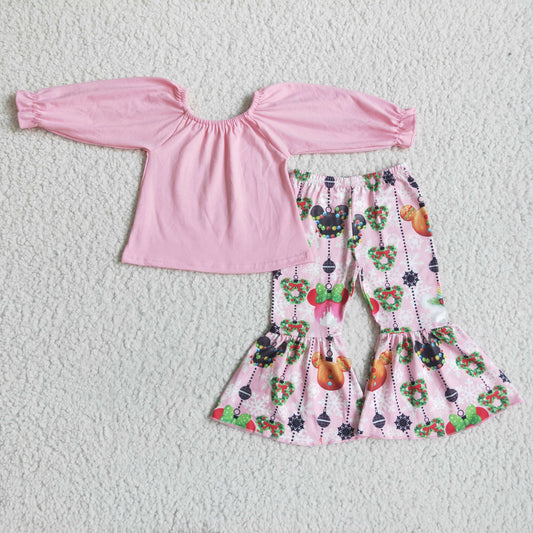 Clearance 6 C10-20 Christmas Pink Cartoon Off Shoulder Girls Long Sleeve Bell Bottom Pants Outfits