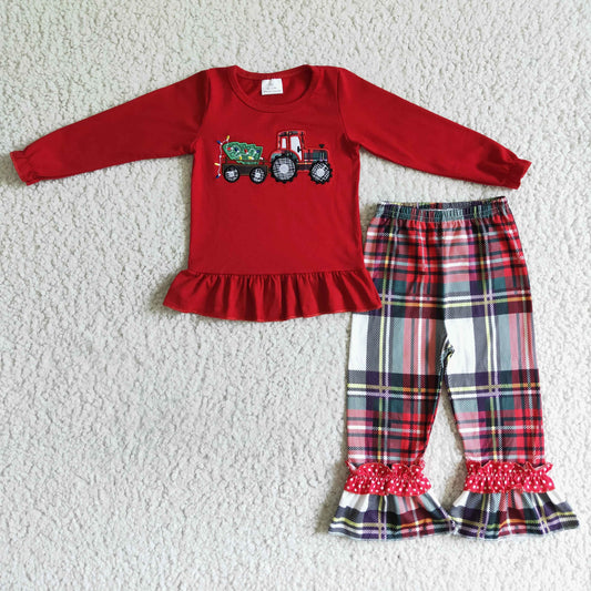 GLP0063 Christmas Red Plaid Car Tree Embroidery Girls Long Sleeve Pants Outfits