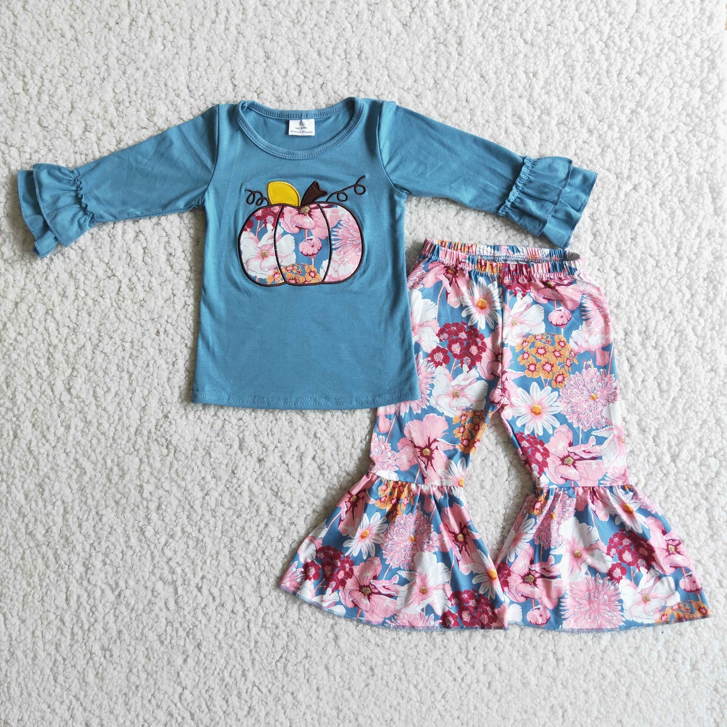 6 C8-39 Halloween Pumpkin Embroidery Floral Girls Long Sleeve Bell Bottom Pants Outfits