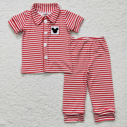 promotion BSPO0040 Black Red Stripes M Cartoon Boys Short Sleeve Pants Outfits Collar Pajamas