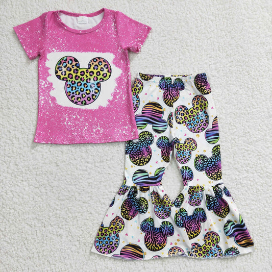 GSPO0455 Pink Purple Bleach Leopard M Cartoon Girls Short Sleeve Bell Bottom Pants Outfits