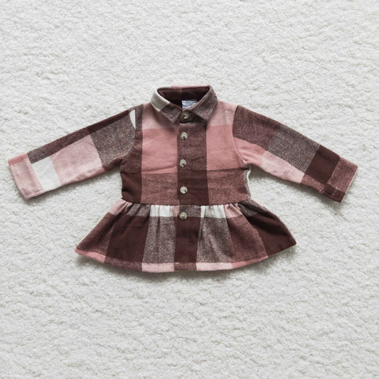 GT0090 Pink Plaid Collar Girls Long Sleeve Top