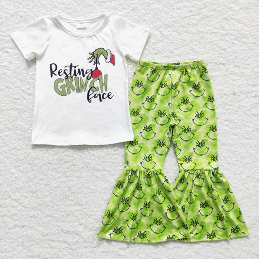 Clearance E3-30 Christmas Resting Face Red Green Cartoon Girls Short Sleeve Bell Bottom Pants Outfits