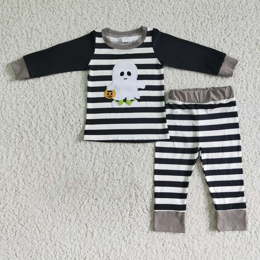 BLP0018 Halloween Pumpkin Black Stripes Ghost Cartoon Embroidery Boys Long Sleeve Pajamas