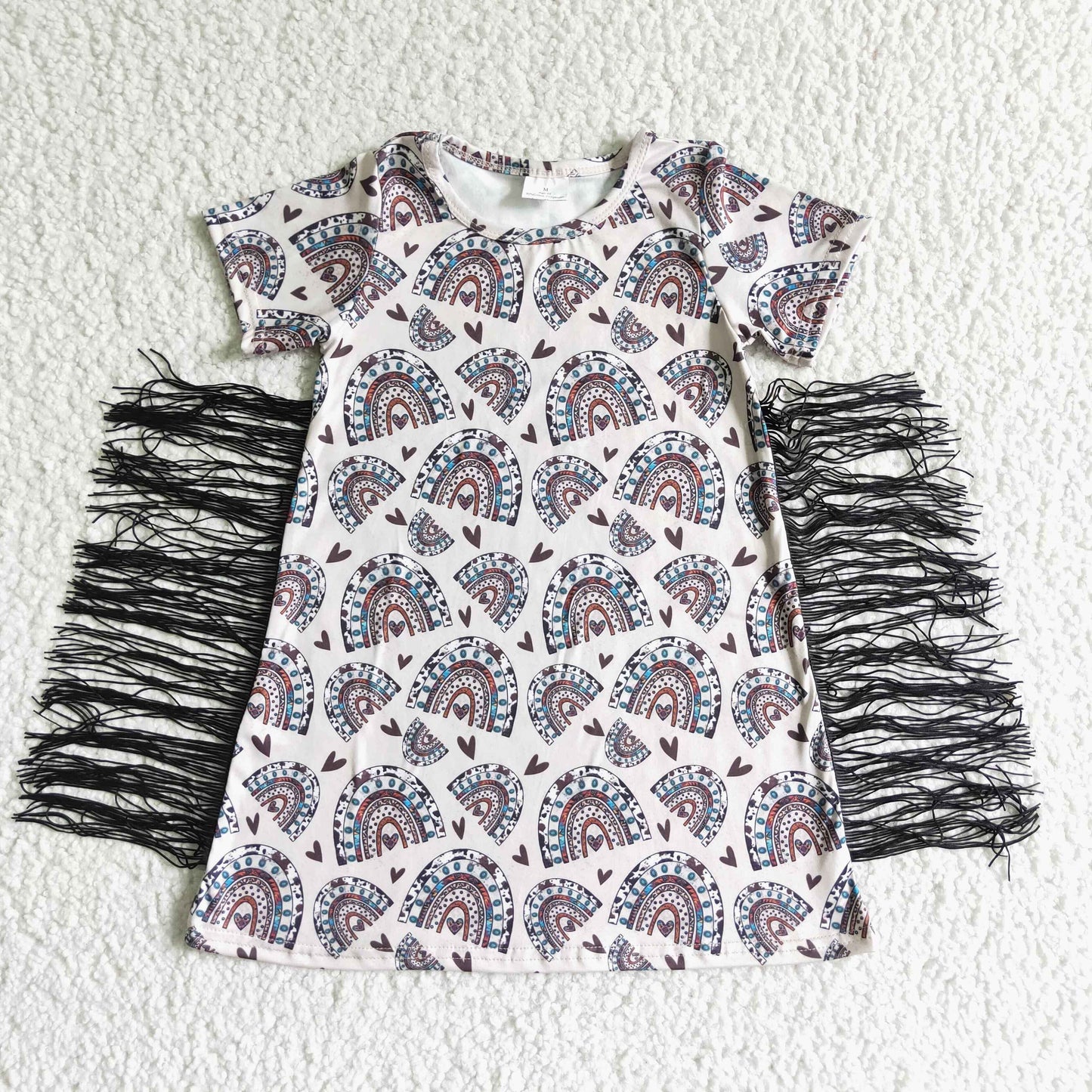 GSD0101 Rainbow Love Tassel Girls Short Sleeve Dresses
