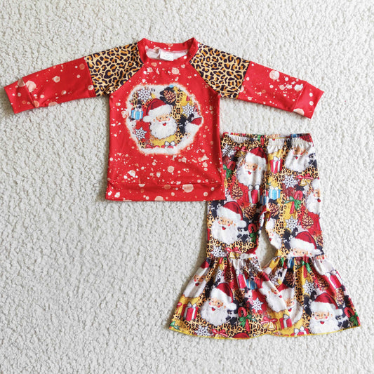 GLP0323 Christmas Santa Red Leopard Girls Long Sleeve Bell Bottom Pants Outfits