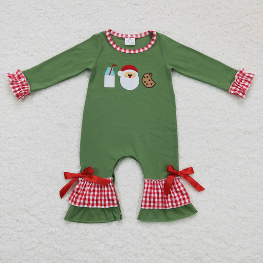 LR0233 Christmas Milk Santa Cake Cookies Green Red Plaid Girls Long Sleeve Romper