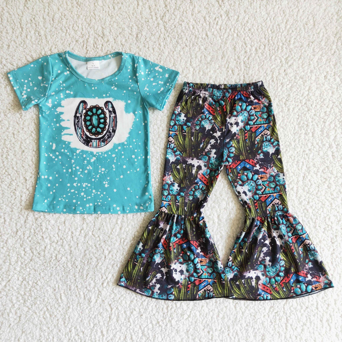 Clearance C1-25 Aztec Blue Cactus Cow With Bow Headband 3pcs Girls Short Sleeeve Bell Bottom Pants Outfits