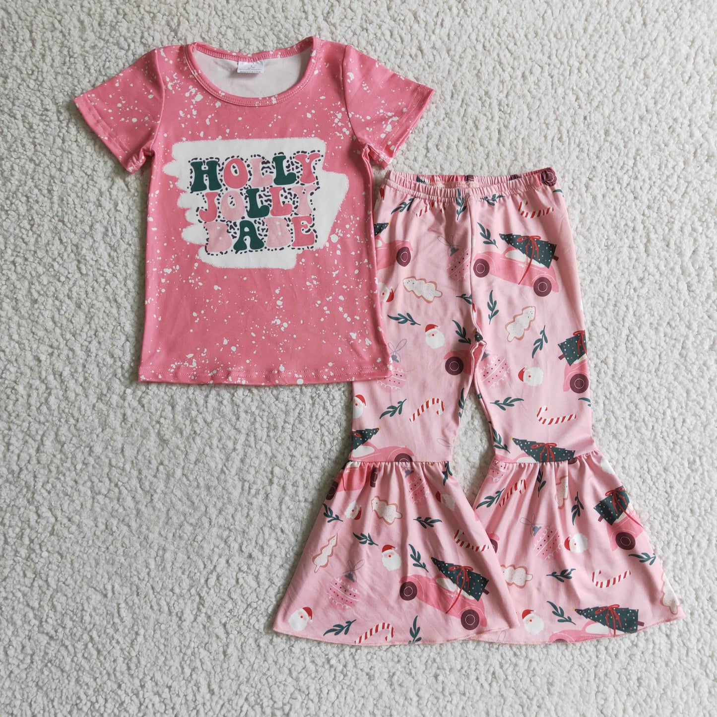 GSPO0196 Christmas Tree Santa Pink Holly Jolly Babe Girls Short Sleeve Bell Bottom Pants Outfits