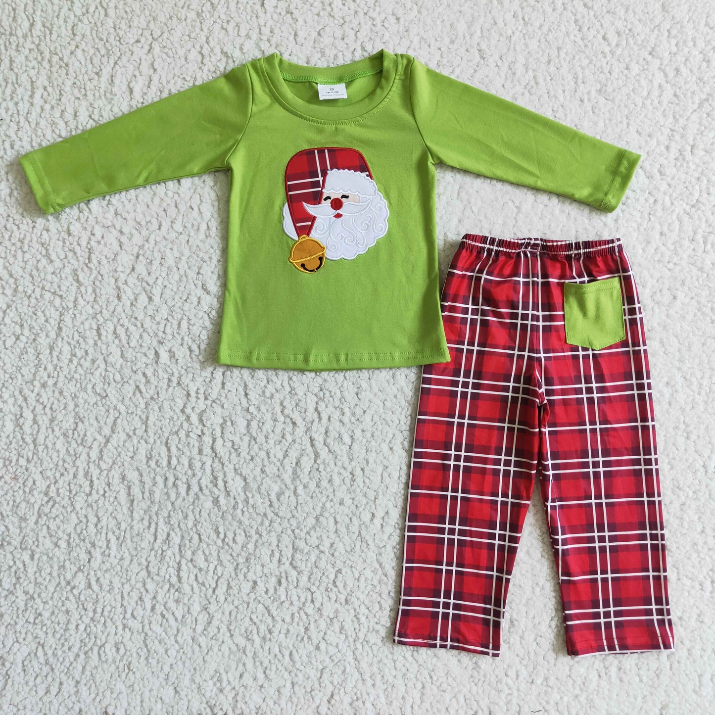 BLP0034 Christmas Santa Red Plaid Green Embroidery Boys Long Sleeve Pants Outfits