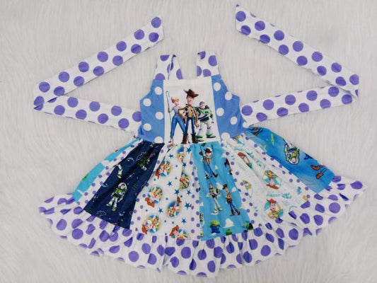 promotion RTS A2-10 Blue Cartoon Purple Dots Girls Belt Patchwork Sleeveless Dresses