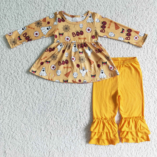GLP0044 Halloween Pumpkin Yellow Ghost Cartoon Tunic Girls Long Sleeve Pants Outfits
