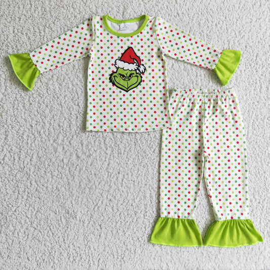 6 B10-25 Christmas Santa Green Dots Cartoon Girls Long Sleeve Pants Outfits Pajamas