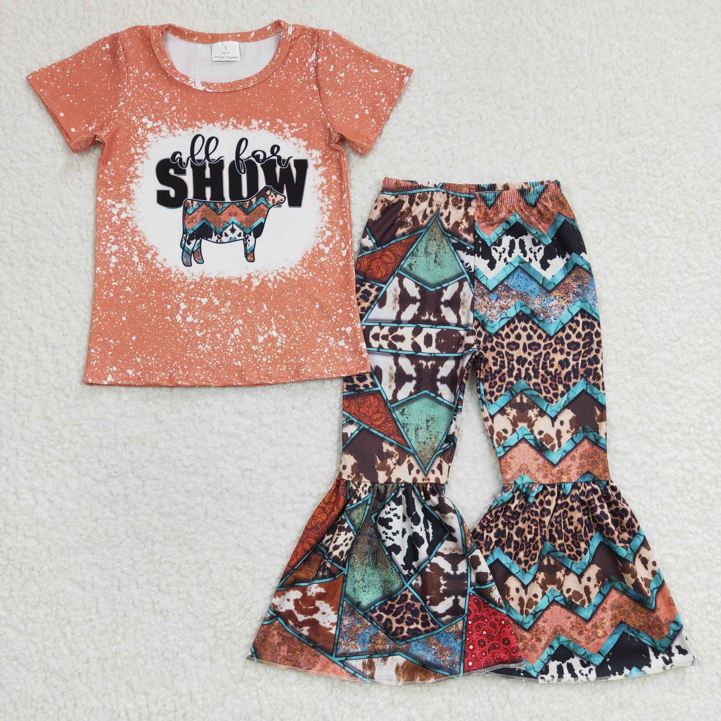 GSPO0457 Orange Bleach Show Cow Western Leopard Girls Short Sleeve Bell Bottom Pants Outfits