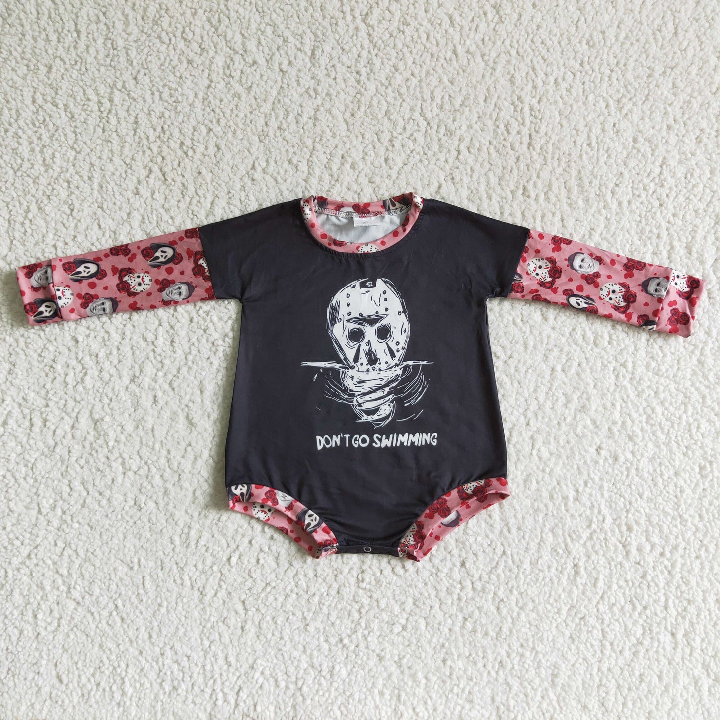 LR0124 Halloween Pink Floral Ghost Cartoon Headband Bow 3pcs Girls Long Sleeve Romper