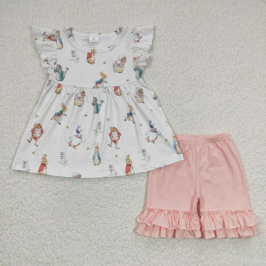 GSSO0154  Easter Pink Rabbit Girls Short Sleeve Shorts Outfits