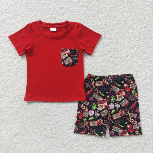 BSSO0165 Red Food Crayfish Pocket Boys Short Sleeve Shorts Outfits