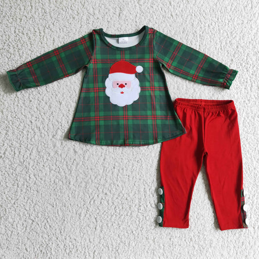 GLP0308 Christmas Red Santa Green Plaid Embroidery Tunic Girls Long Sleeve Pants Outfits