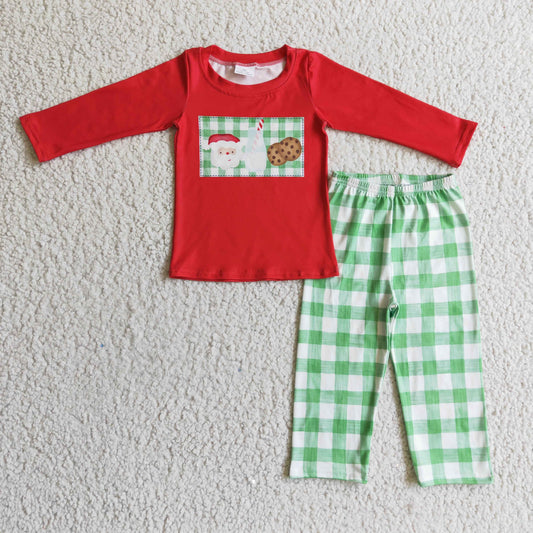 BLP0109 Christmas Red Green Plaid Santa Milk Cookies Cake Girls Long Sleeve Pants Outfits