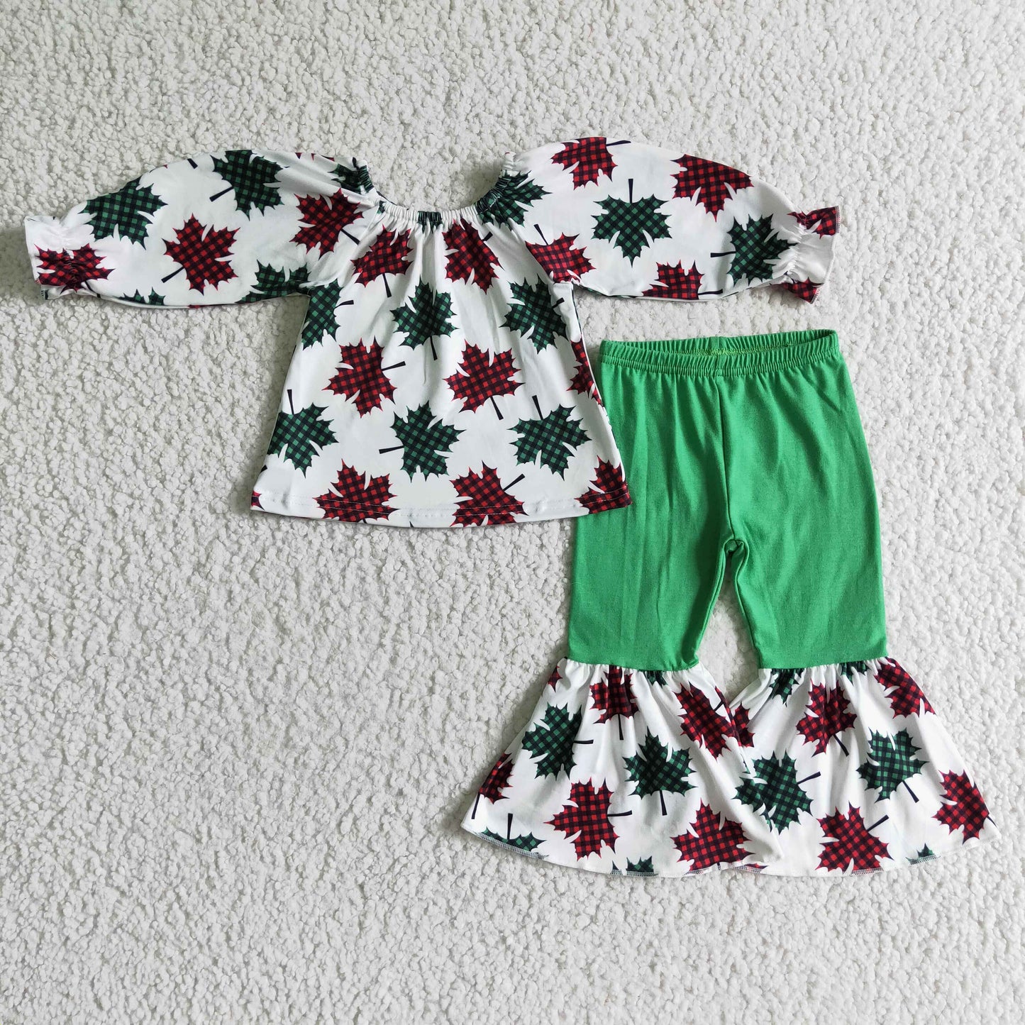 GLP0160 Christmas Red Green Maple Leaf Leaves Girls Long Sleeve Bell Bottom Pants Outfits