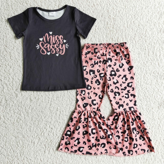 Clearance B14-14 Miss Sassy Pink Leopard Print Girls Short Sleeve Bell Bottom Pants Outfits