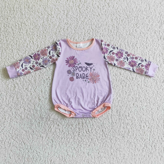 LR0075 Halloween Purple Spooky Bat Floral Girls Long Sleeve Romper