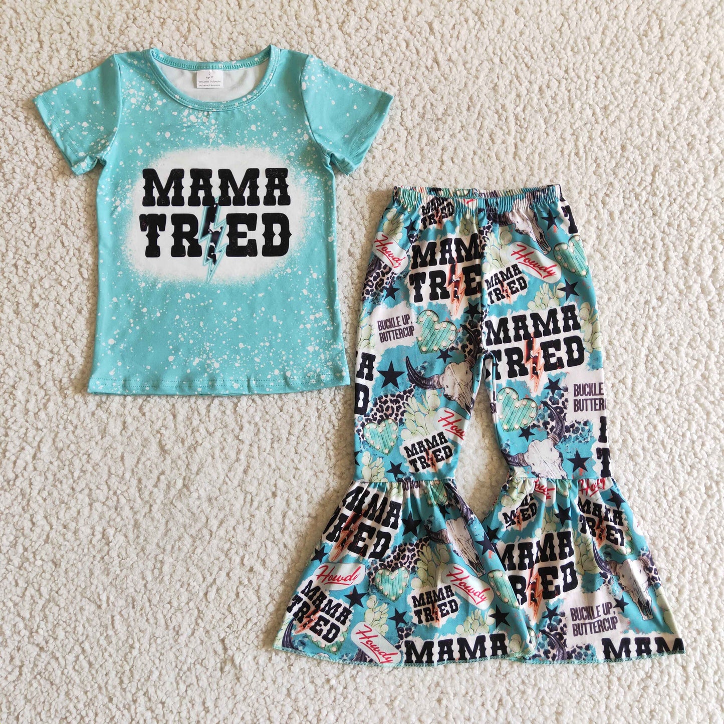 GSPO0211 Green Blue Mama Tred Highland Cow Head Western Leopard Girls Short Sleeve Bell Bottom Pants Outfits