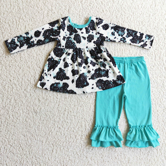 GLP0305 Black White Cow Print Blue Ruffles Girls Long Sleeve Pants Outfits