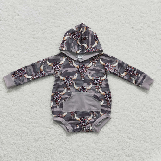 LR0219 Grey Camo Highland Cow Leopard Hoodies Girls Long Sleeve Romper