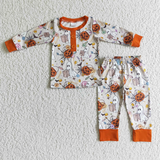 BLP0048 Halloween Pumpkin Ghost Cartoon Orange Boys Long Sleeve Pajamas