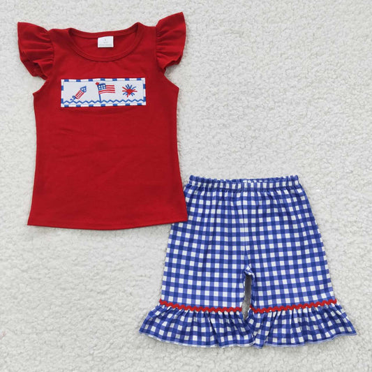 GSSO0193 4th Of July Blue Red Flag Embroidery Girls Short Sleeve Shorts Outfits