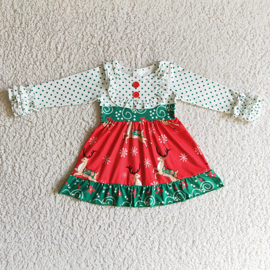 6 A26-14 Christmas Red Green Dots Deer Girls Long Sleeve Dresses