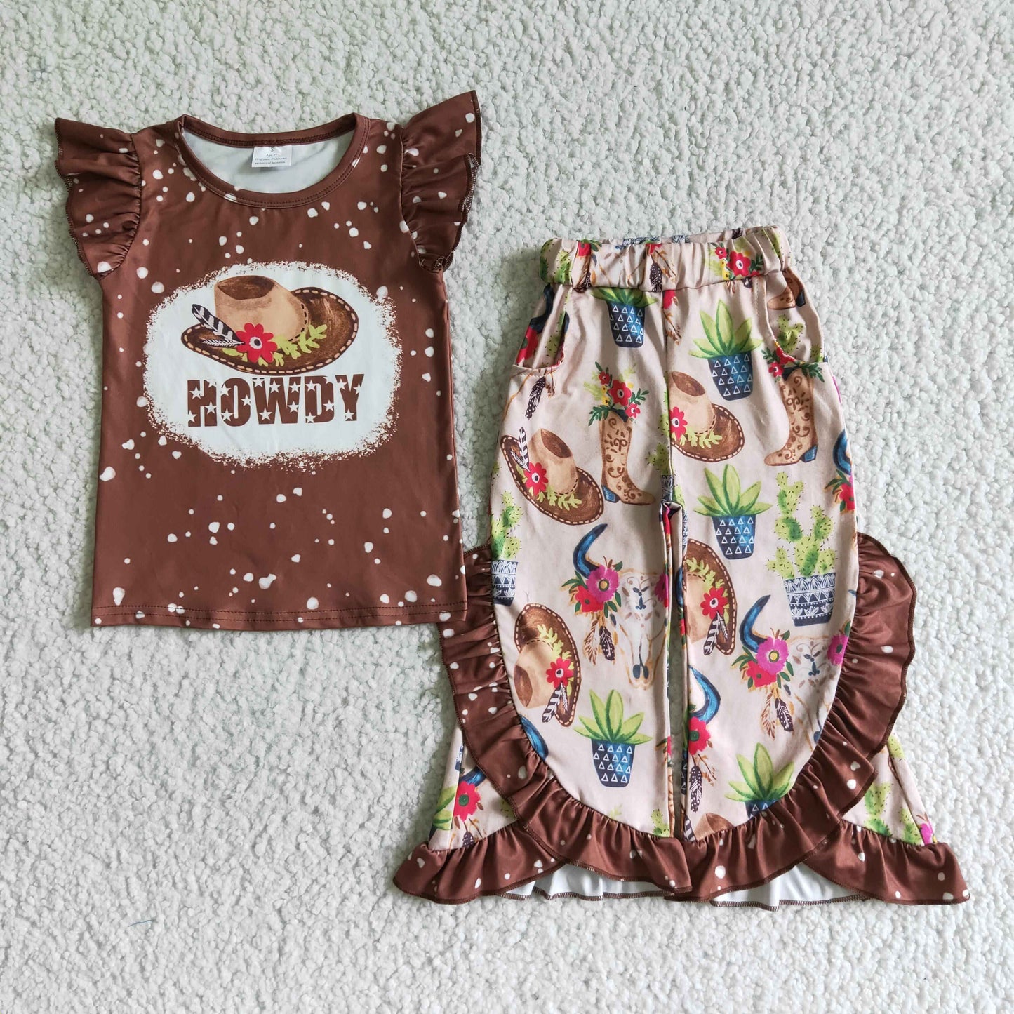 GSPO0097 Howdy Hat Cowboy Cow Cactus Western Girls Flutter Sleeve Pants Outfits