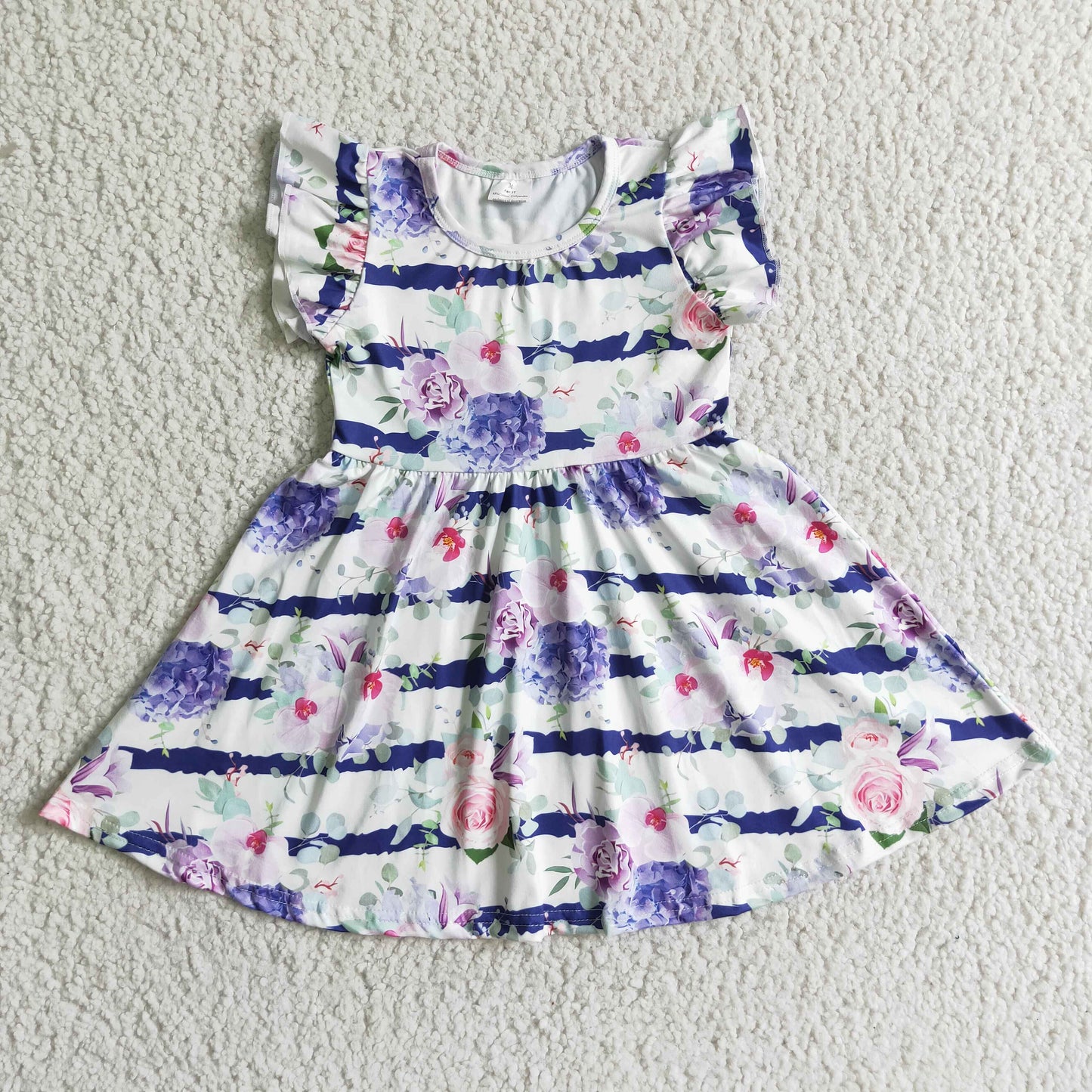 A8-6 Purple Striped Prin Flower Floral Girls Puffy Sleeve Dresses