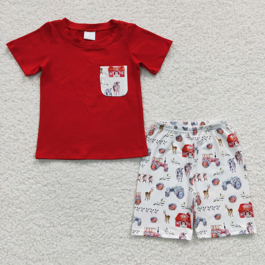 promotion RTS BSSO0120 Red Farm Life Cow Pocket Boys Short Sleeve Shorts Outfits