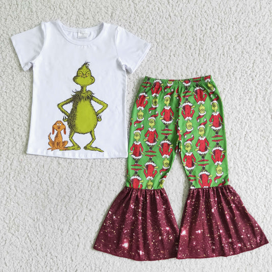 A8-5 Christmas Red Sequin Green Cartoon Girls Short Sleeve Bell Bottom Pants Outfits