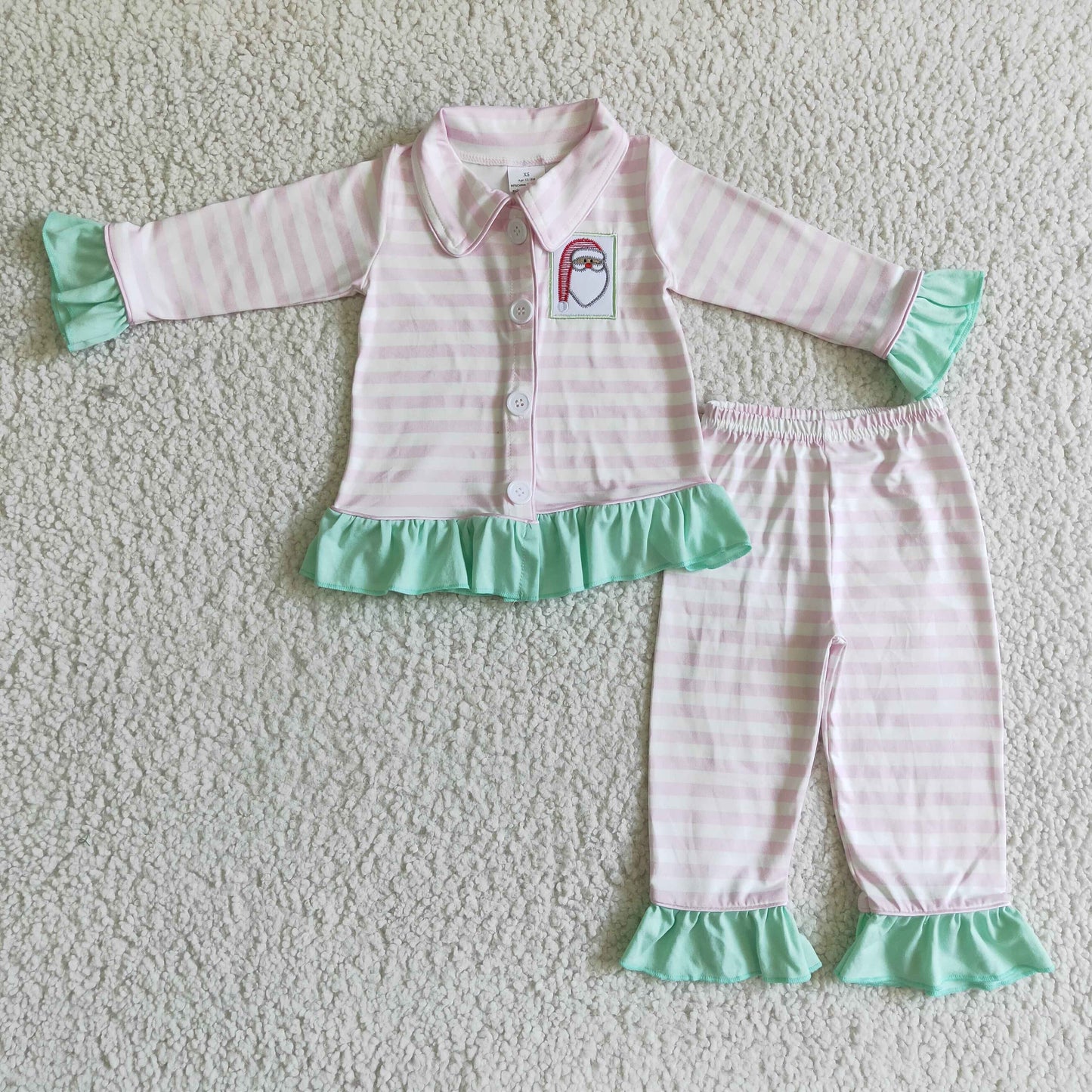 GLP0134 Christmas Green Pink Stripes Santa Collar Girls Long Sleeve Pants Outfits Pajamas