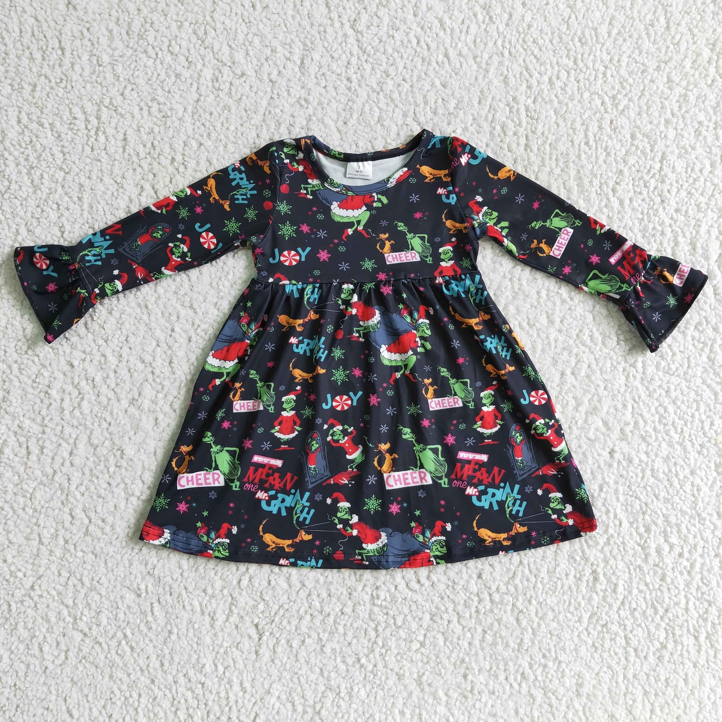 Clearance 6 A29-13 Christmas Red Green Cartoon Santa Black Girls Long Sleeve Dresses